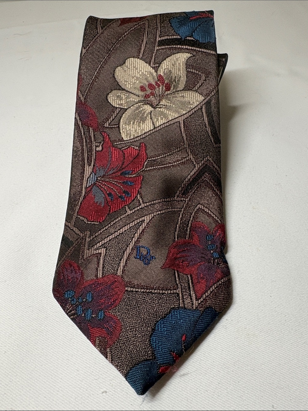 Christian Dior Vintage Poly Blend Brown Floral Tie